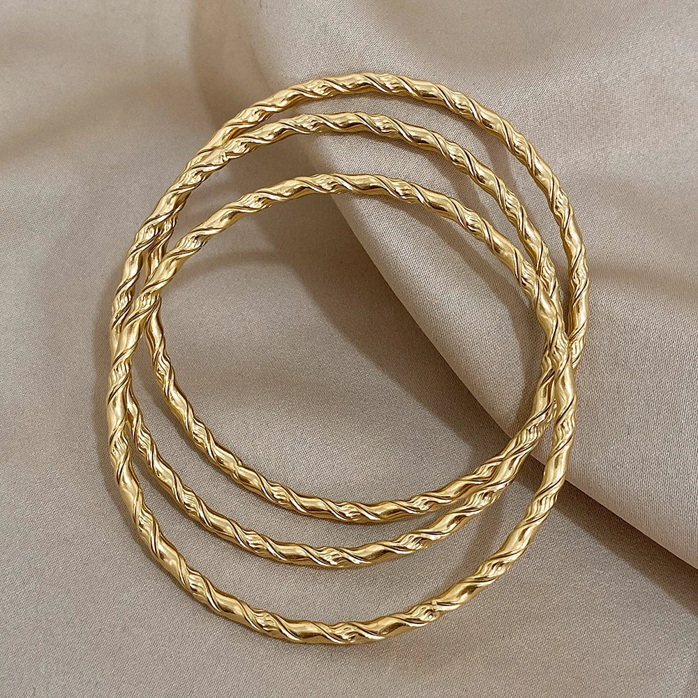 3pcs Gold Color Twist Stainless Steel Bangle Bracelet Chic Classic Tibetan Buddha Bracelet Golden Stacked Bangles For Women