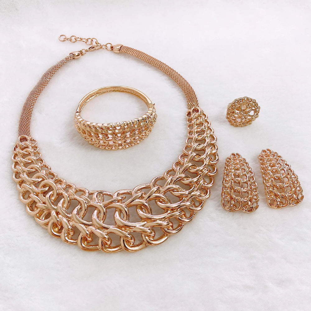 This jewelry set from Brazil features a gold-plated necklace that is perfect for special occasions like banquets and holidays. It is an extravagant piece that would make a great gift, and it has a similar style to the gold jewelry found in Dubai.