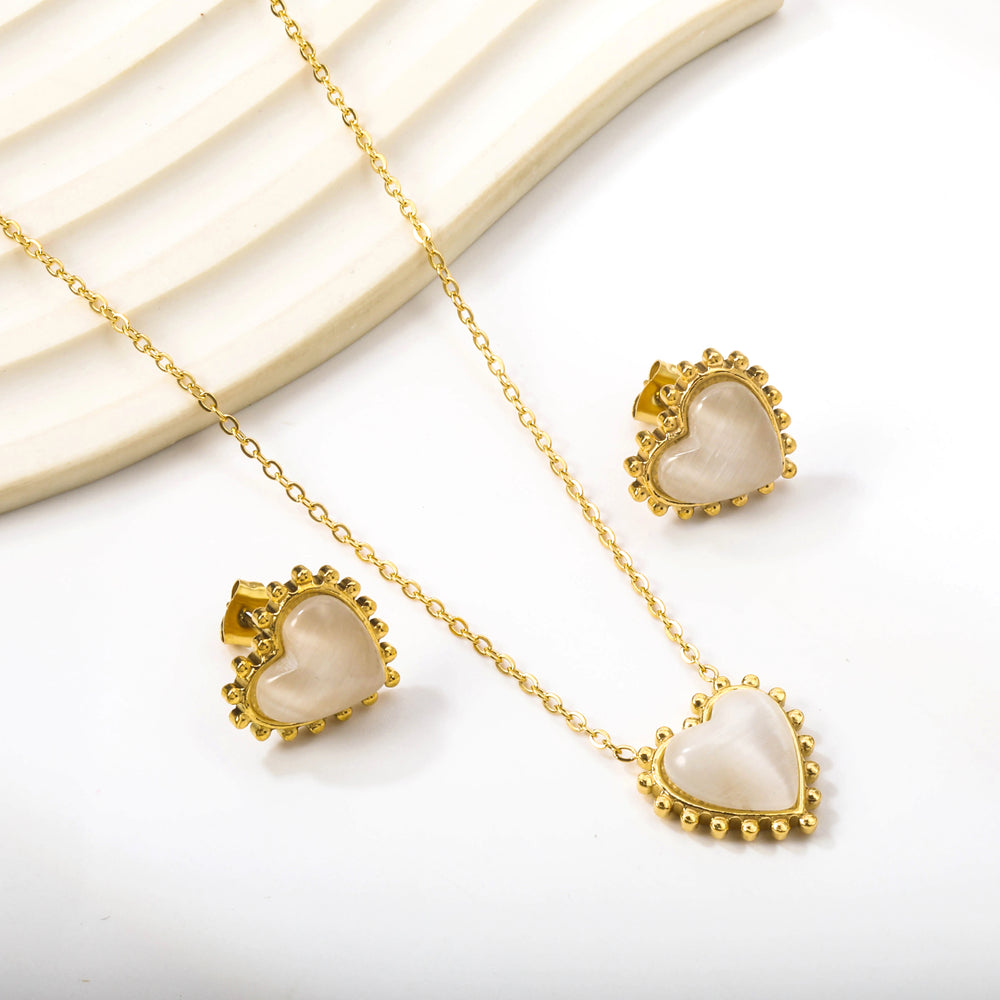 Korean Large Heart Jewelry Set Opal Red/Black Stone Love Pendant Necklace Earrings Steel Jewellery Valentine Gifts