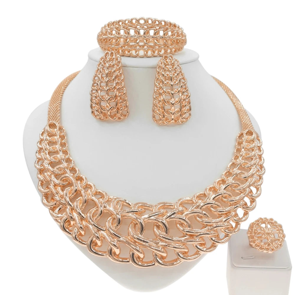 This jewelry set from Brazil features a gold-plated necklace that is perfect for special occasions like banquets and holidays. It is an extravagant piece that would make a great gift, and it has a similar style to the gold jewelry found in Dubai.