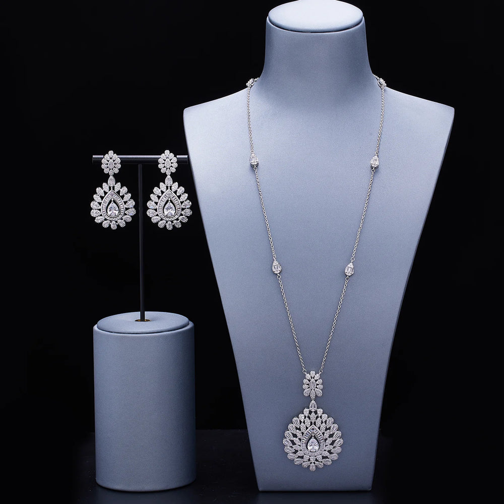 Saudi Dubai Long Chain Necklace Set for Women Luxury Cubic Zirconia Bridal Jewelry Set Wedding Accessories