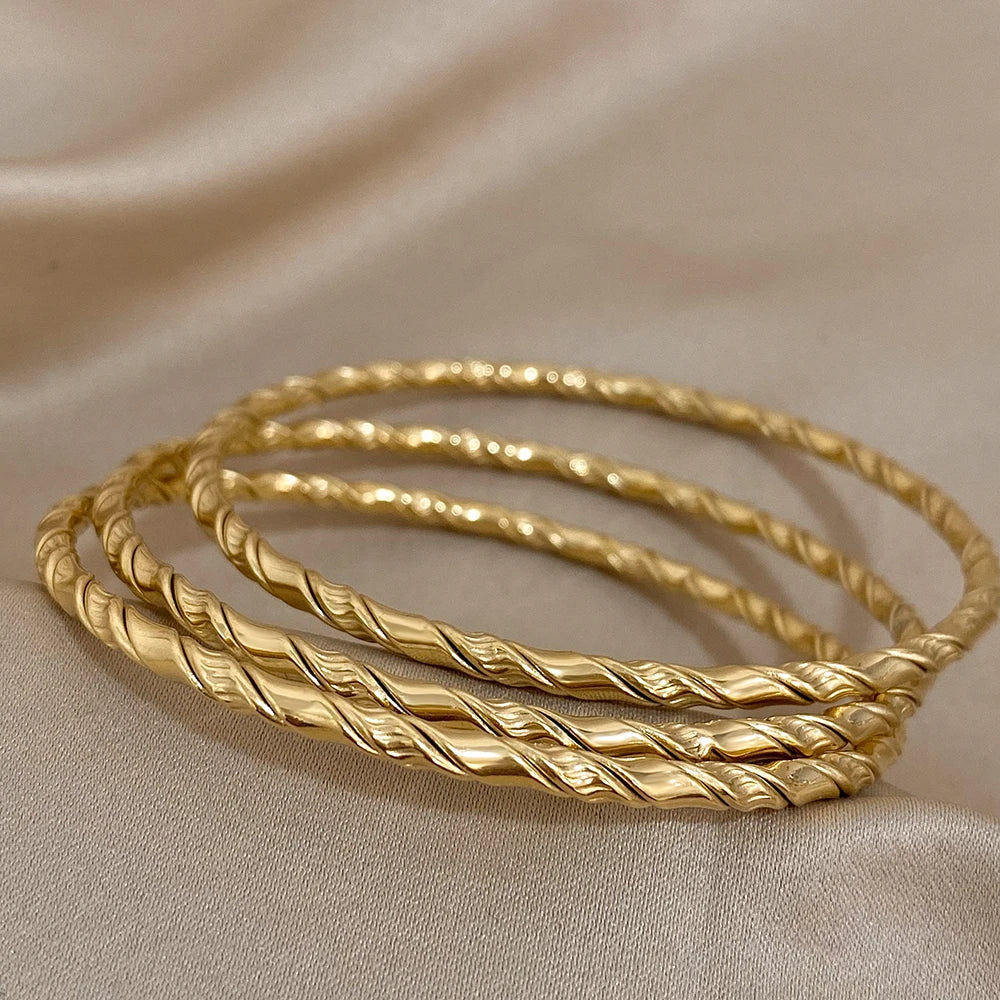 3pcs Gold Color Twist Stainless Steel Bangle Bracelet Chic Classic Tibetan Buddha Bracelet Golden Stacked Bangles For Women