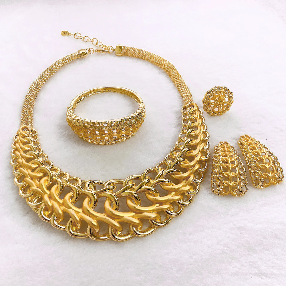 This jewelry set from Brazil features a gold-plated necklace that is perfect for special occasions like banquets and holidays. It is an extravagant piece that would make a great gift, and it has a similar style to the gold jewelry found in Dubai.