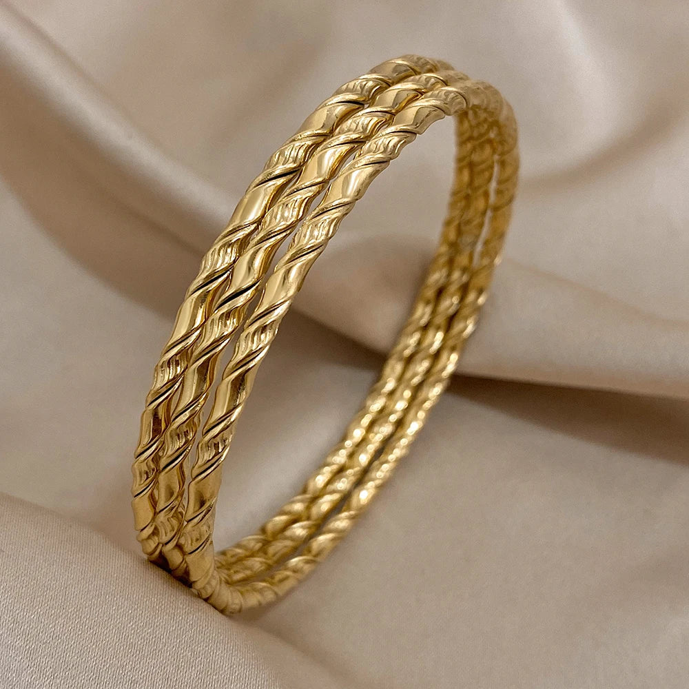 3pcs Gold Color Twist Stainless Steel Bangle Bracelet Chic Classic Tibetan Buddha Bracelet Golden Stacked Bangles For Women