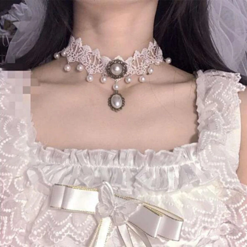 Imitation Pearl White Lace Choker Necklaces Bridal Jewelry Women Wedding tattoo Tassel Punk Style Lace Pendant Choker Necklace