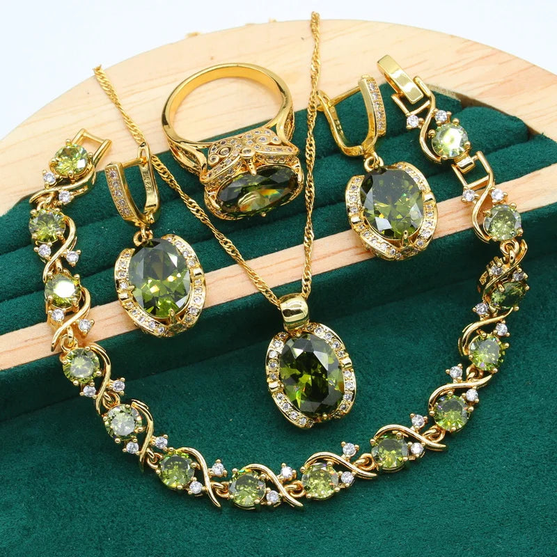 Geometric Wedding Gold Color Jewelry Set for Women Olive Green Zircon Bracelet Earrings Necklace Pendant Ring  Gift