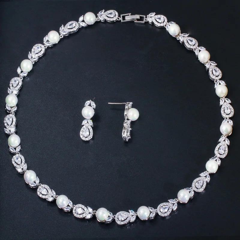 Luxury Big Round Leaf Cubic Zircon Necklace Bridal Pearl Jewelry Sets Women Wedding Party Costume Jewellery T363