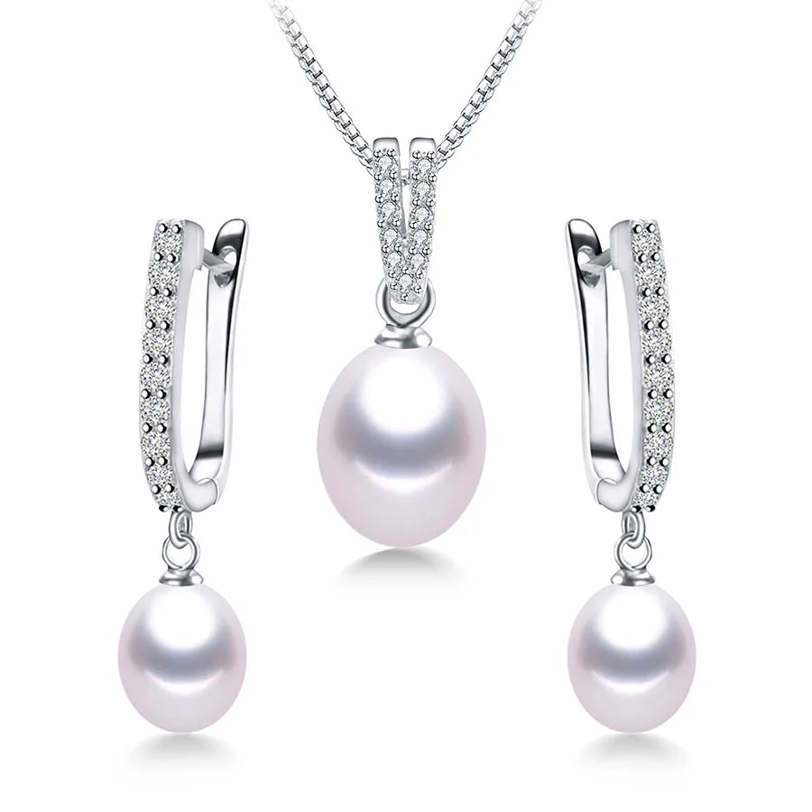 Dainashi 4 Colors New Arrival Women Hot Sale 925 Sterling Silver Natural Freshwater Pearl Pendant&Earrings Jewelry Set，8-9mm