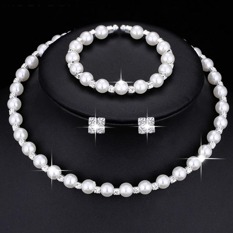 Wedding Bridal Jewelry Set String of Pearls Prom Silver Color Crystal Bracelet Necklace Earrings for Women jewellery sets