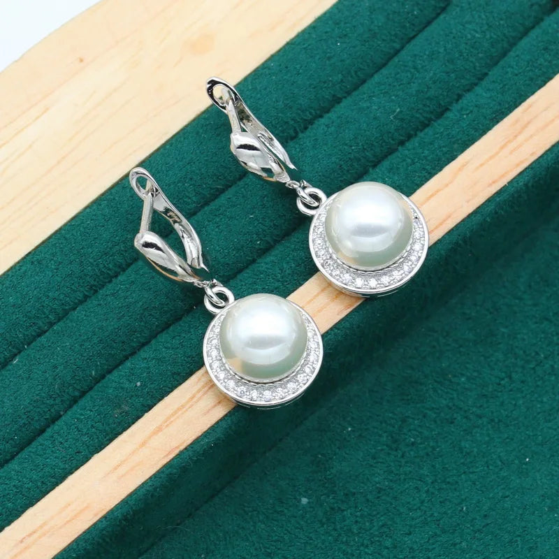 Pearl 925 Silver Jewelry Sets for Women Wedding White Zircon Bracelet Earrings Necklace Pendant Ring Holiday Gift