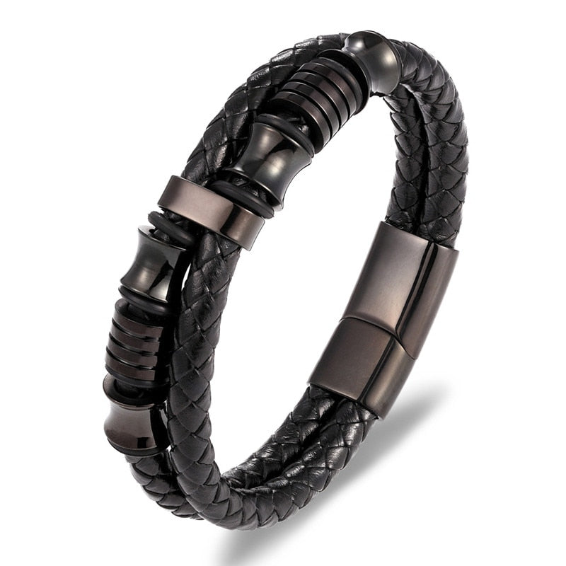 Experience masculine elegance with this Genuine Leather/Stainless Steel Bracelet! Designed with a Classic Shape and Geometric Pattern, this timeless men's bracelet radiates classic style. Let this refined, braided black bracelet elevate your style!