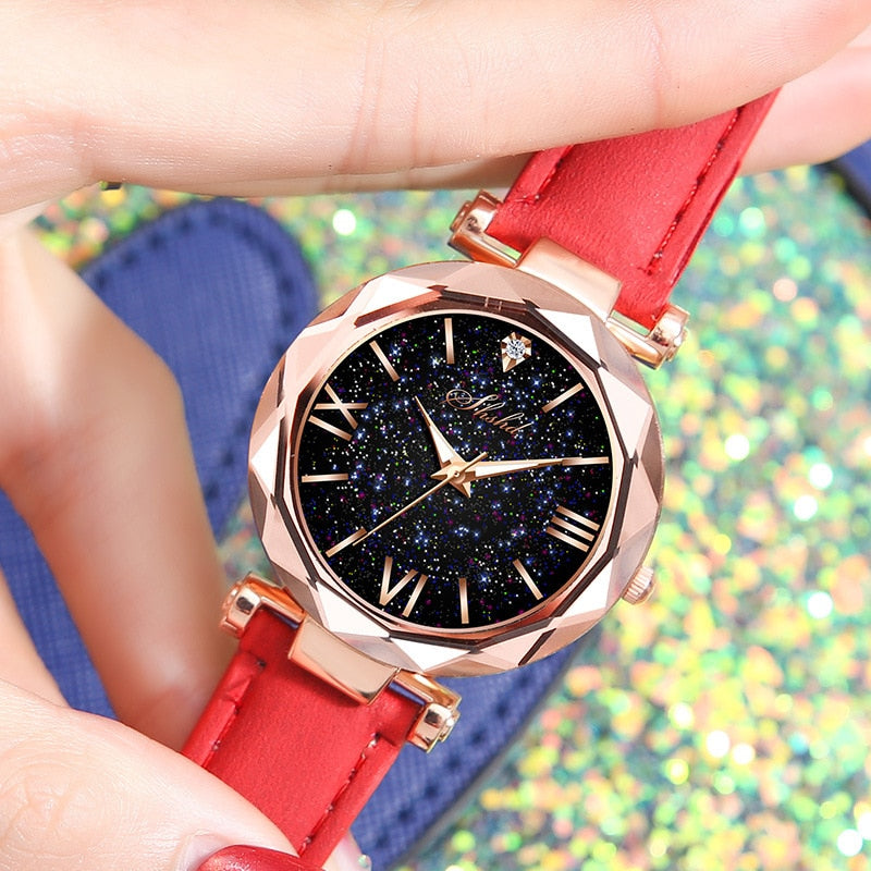 Rhinestone Romantic Starry Sky Women's Luxury Watch - A celestial-themed watch with twinkling rhinestones on the dial, Tungsten Steel case, and a luxurious leather band.