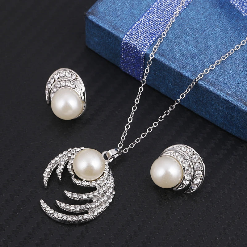 Simulated Pearl Jewelry Sets For Women Shinning Crystal Necklace Earrings Set Wedding Graceful Jewellery Sets