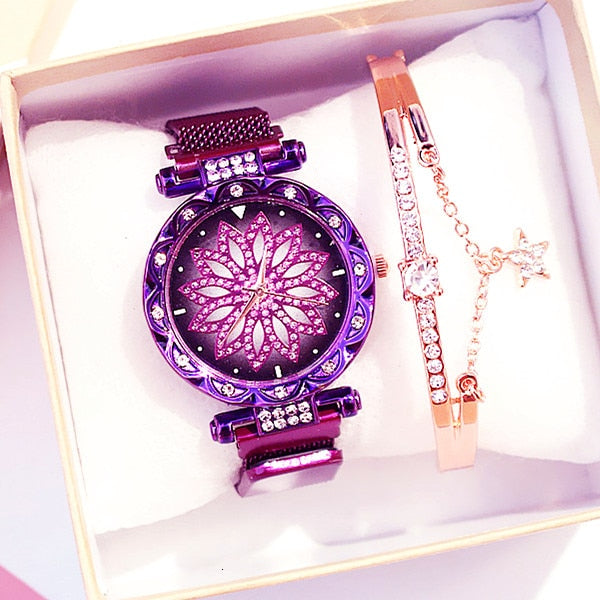 Lucky Flower Luxury Ladies Rhinestone Watches Bracelet Set