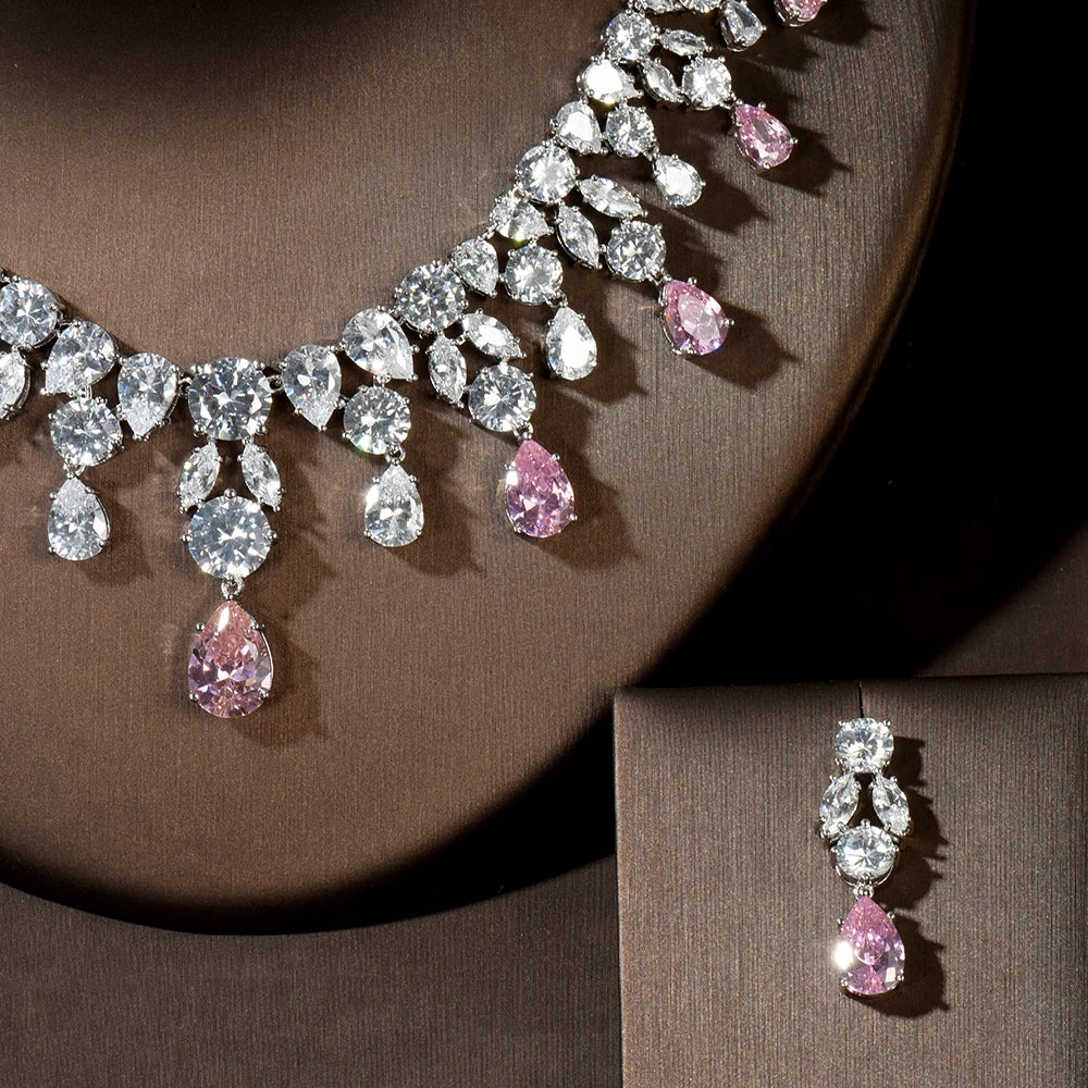 Luxury Wedding Jewelry Nigerian Design Cubic Zirconia Large Bridal Choker Necklace Earrings Sets For Women bijoux N-1454