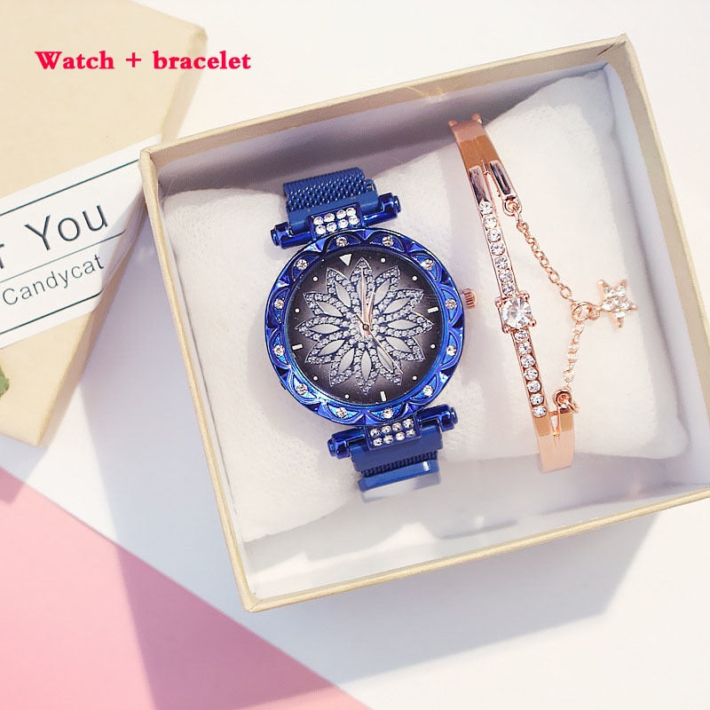 Lucky Flower Luxury Ladies Rhinestone Watches Bracelet Set