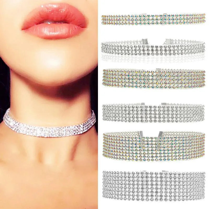 New Crystal Rhinestone Choker Necklace Women Wedding Accessories Silver Color Chain Punk Gothic Chokers Jewelry Collier Femme