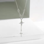 925 Sterling Silver Four-Pointed Star Necklace Simple Clavicle Chain Shiny Zircon Tassel Cross Pendant Party Wedding Jewelry