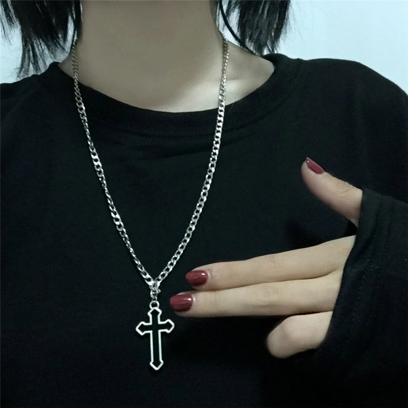 Vintage Gothic Hollow Cross Pendant Necklace Silver Color Cool Street Style Necklace For Men Women Gift Neck Jewelry