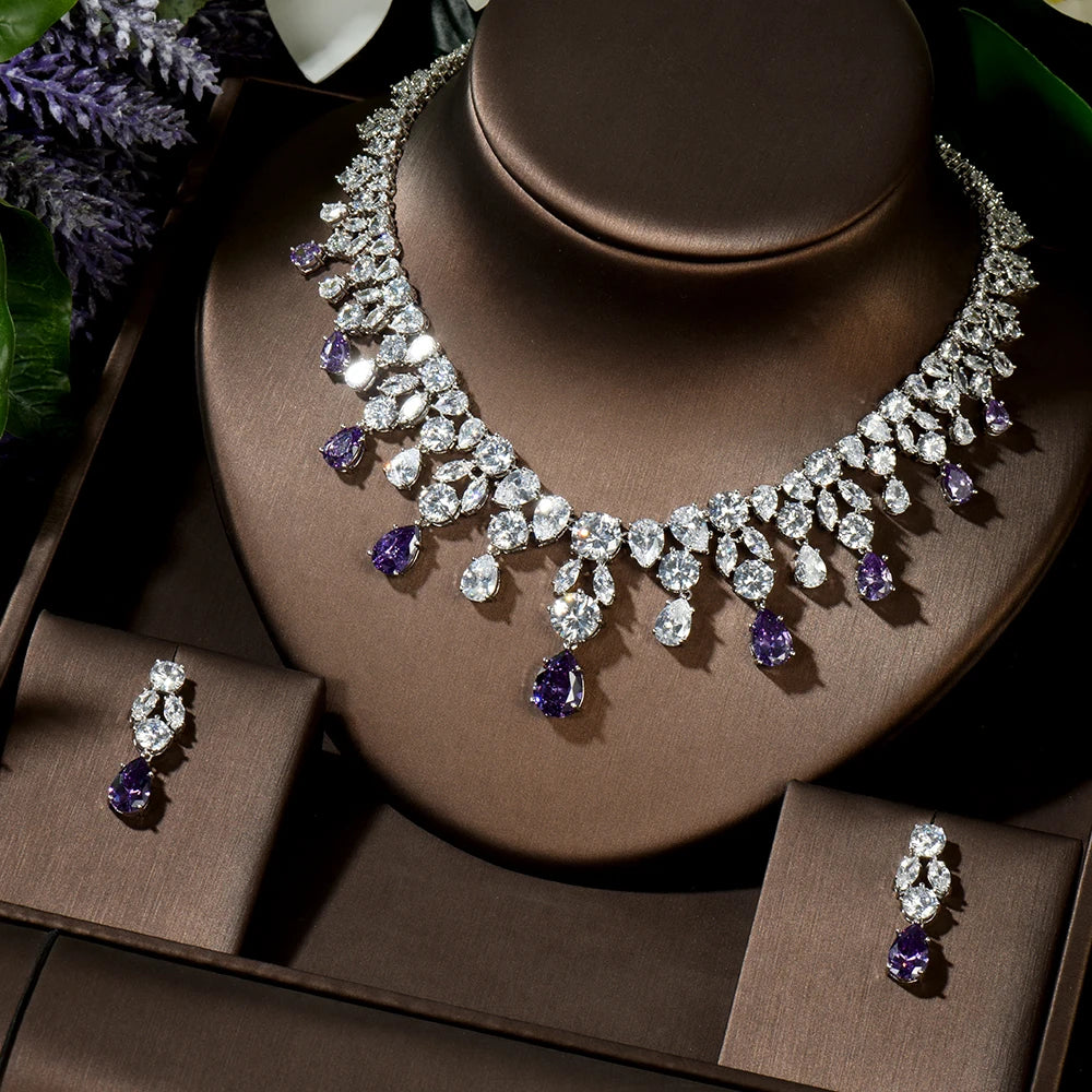 Luxury Wedding Jewelry Nigerian Design Cubic Zirconia Large Bridal Choker Necklace Earrings Sets For Women bijoux N-1454