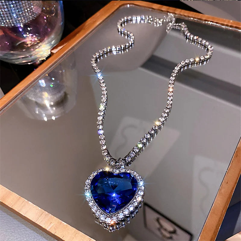 Big Blue Heart Crystal Necklaces for Women Long Chain Pendant Necklaces Statement Jewelry