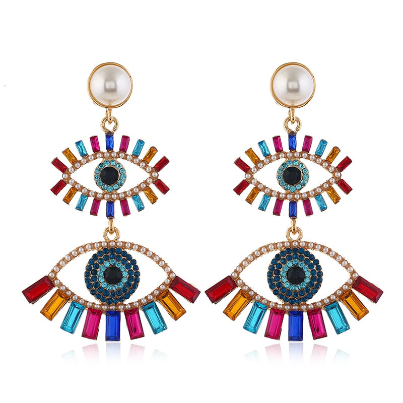 Fashion-forward and flashy, these Geometric Rhinestone Evil Eye Statement Earrings offer beauty and style. Perfect for any look, these stunning earrings are crafted for women, making sure you dazzle wherever you go!