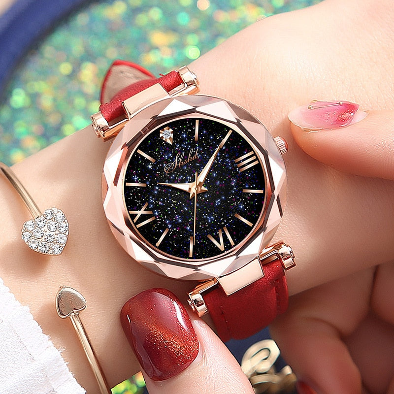 Rhinestone Romantic Starry Sky Women's Luxury Watch - A celestial-themed watch with twinkling rhinestones on the dial, Tungsten Steel case, and a luxurious leather band.