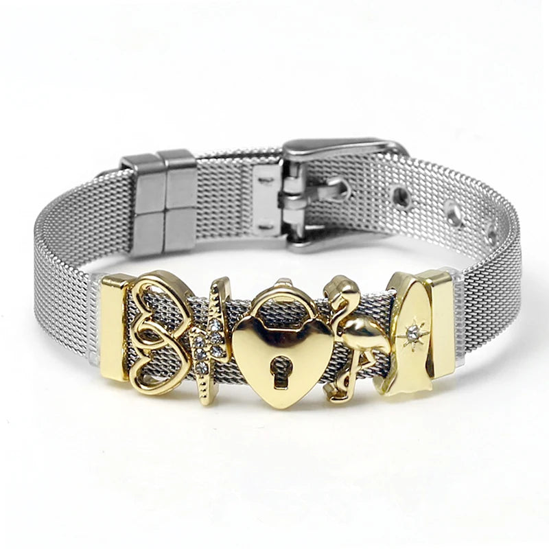 Silver Color Stainless Steel Mesh Watch Belt Bracelets For Women Men Couple Rose Gold Plated Lover Heart Charm Bracelet Bangle