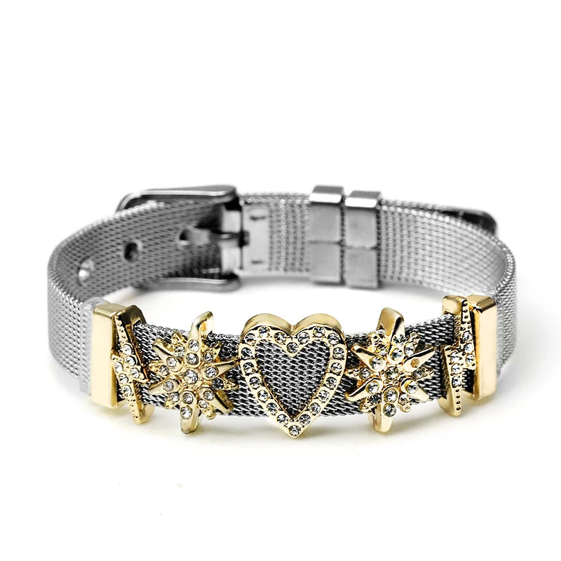 Silver Color Stainless Steel Mesh Watch Belt Bracelets For Women Men Couple Rose Gold Plated Lover Heart Charm Bracelet Bangle