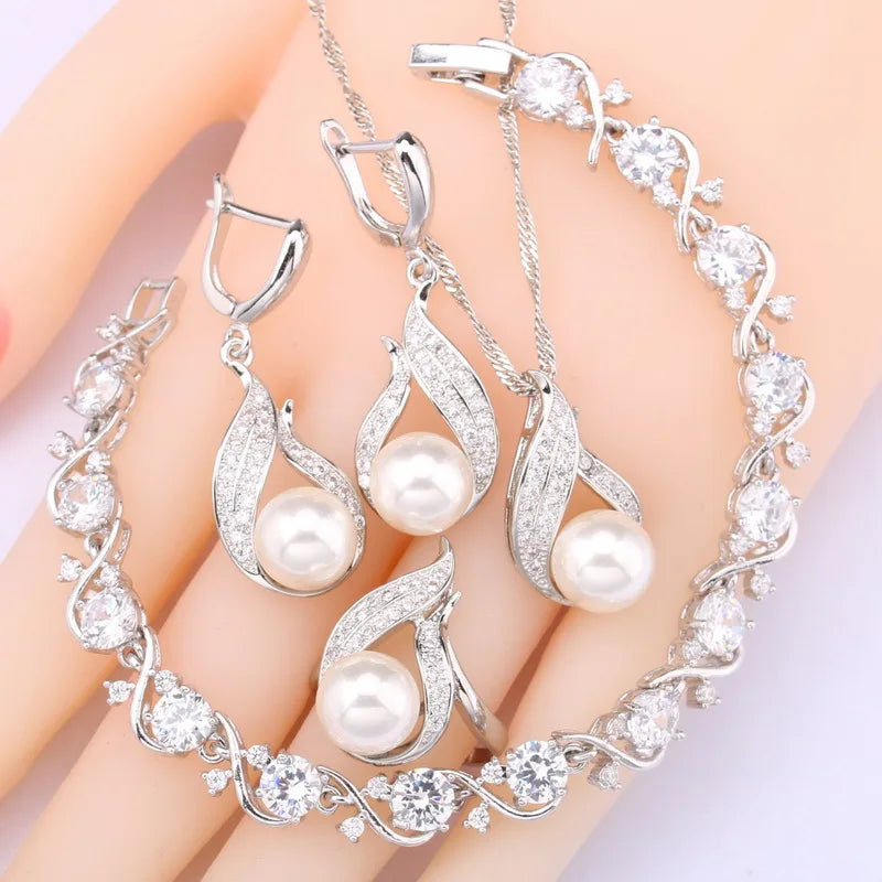 Natural White Pearl Necklace Set For Women Zircon Jewellery Sets Bracelet Earrings Rings Wedding Gift