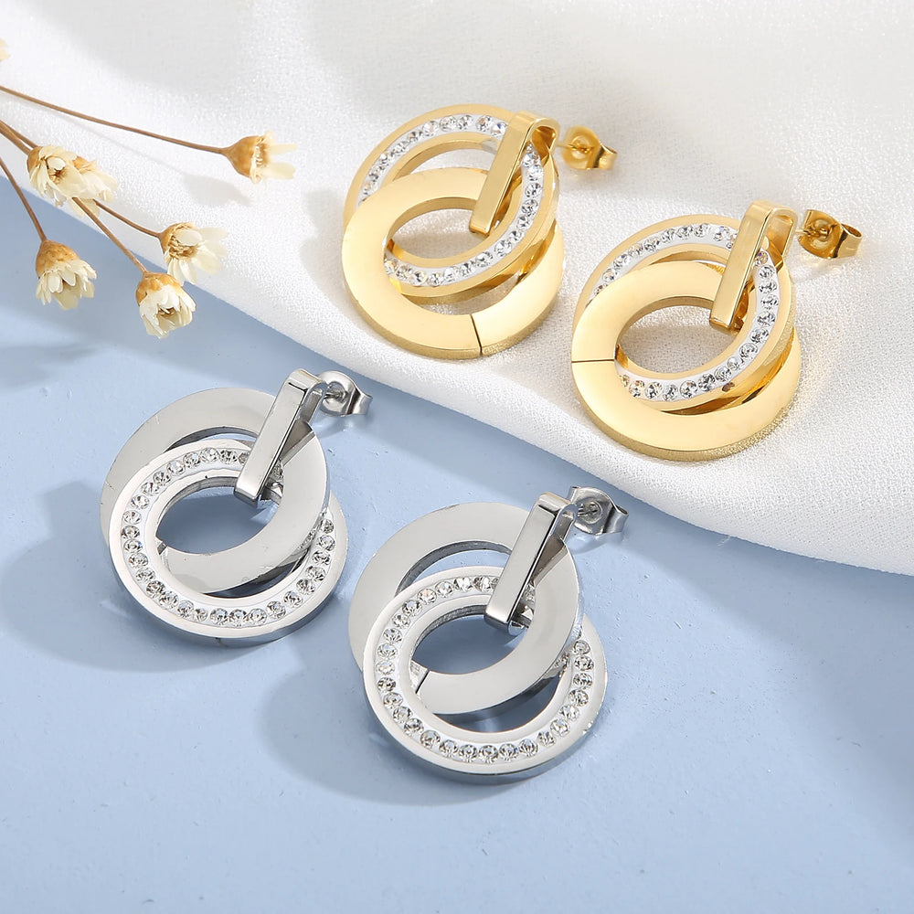 Stainless Steel Jewelry Sets For Women Three Rounds Pendant Necklace Earrings Set Women Fashion Zirconia Wedding Jewelry