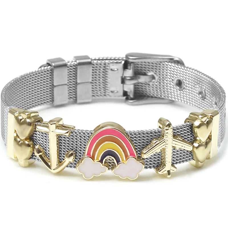 Silver Color Stainless Steel Mesh Watch Belt Bracelets For Women Men Couple Rose Gold Plated Lover Heart Charm Bracelet Bangle