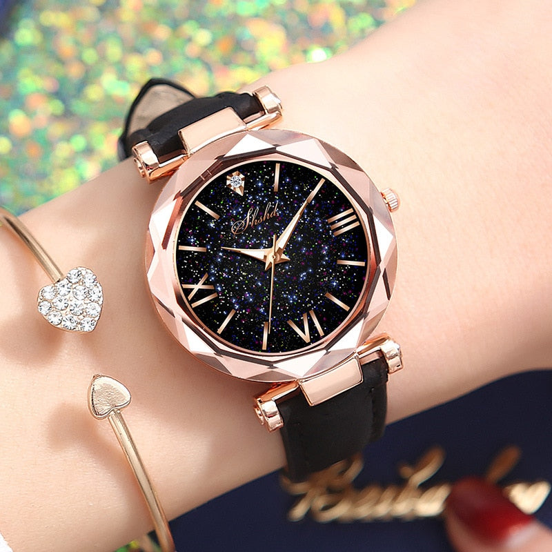 Rhinestone Romantic Starry Sky Women's Luxury Watch - A celestial-themed watch with twinkling rhinestones on the dial, Tungsten Steel case, and a luxurious leather band.