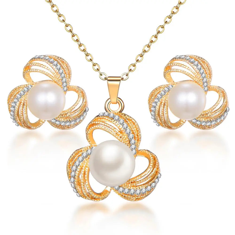 Simulated Pearl Jewelry Sets For Women Shinning Crystal Necklace Earrings Set Wedding Graceful Jewellery Sets