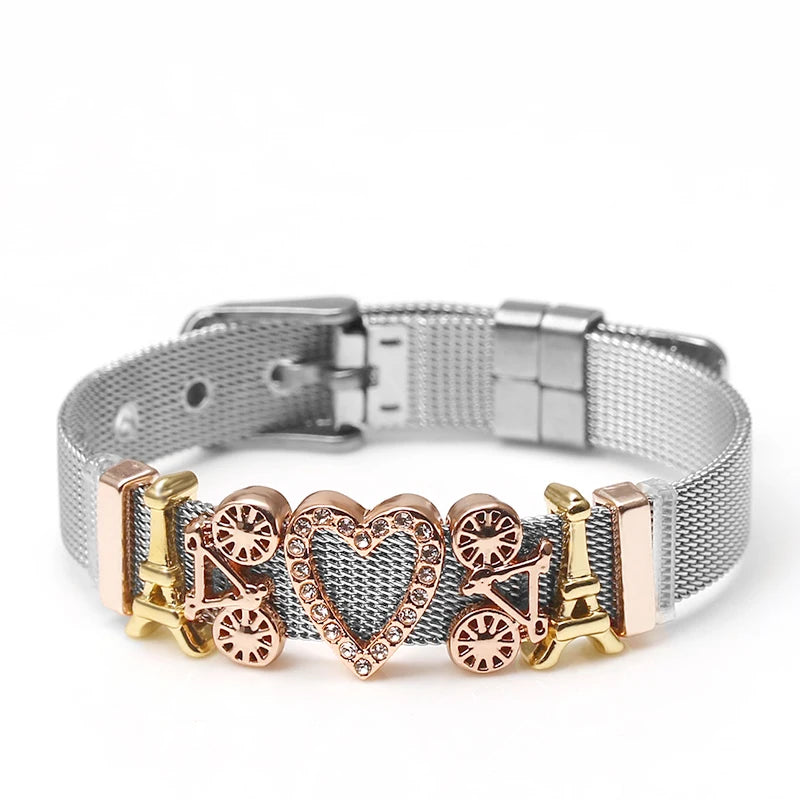 Silver Color Stainless Steel Mesh Watch Belt Bracelets For Women Men Couple Rose Gold Plated Lover Heart Charm Bracelet Bangle