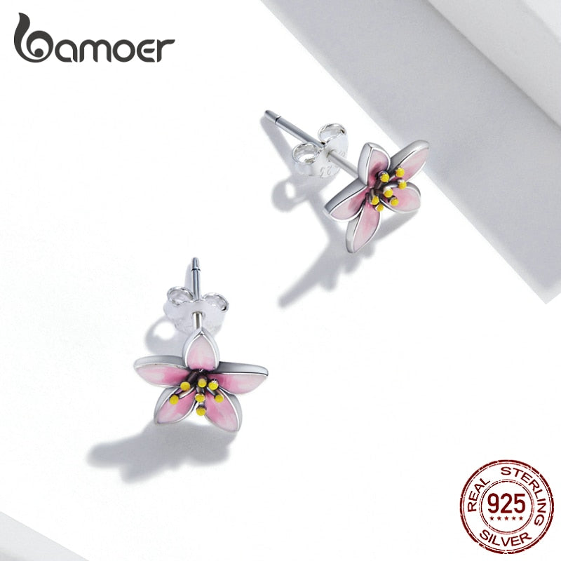 Genuine 925 Sterling Silver Elegant Pink Cherry Blossom Stud Earrings