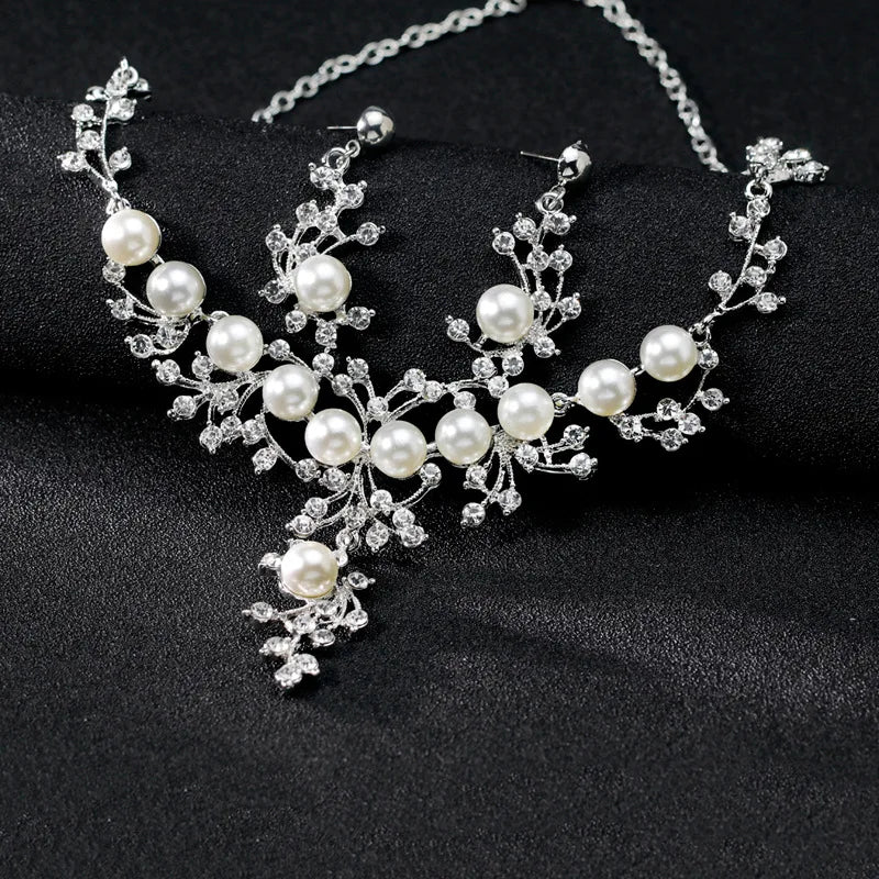 Luxury Bridal Wedding Jewelry Sets Sparkling Crystal pearl Necklace Earrings Set For Women Elegant Party Jewellery Accessories