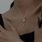 925 Sterling Silver Four-Pointed Star Necklace Simple Clavicle Chain Shiny Zircon Tassel Cross Pendant Party Wedding Jewelry