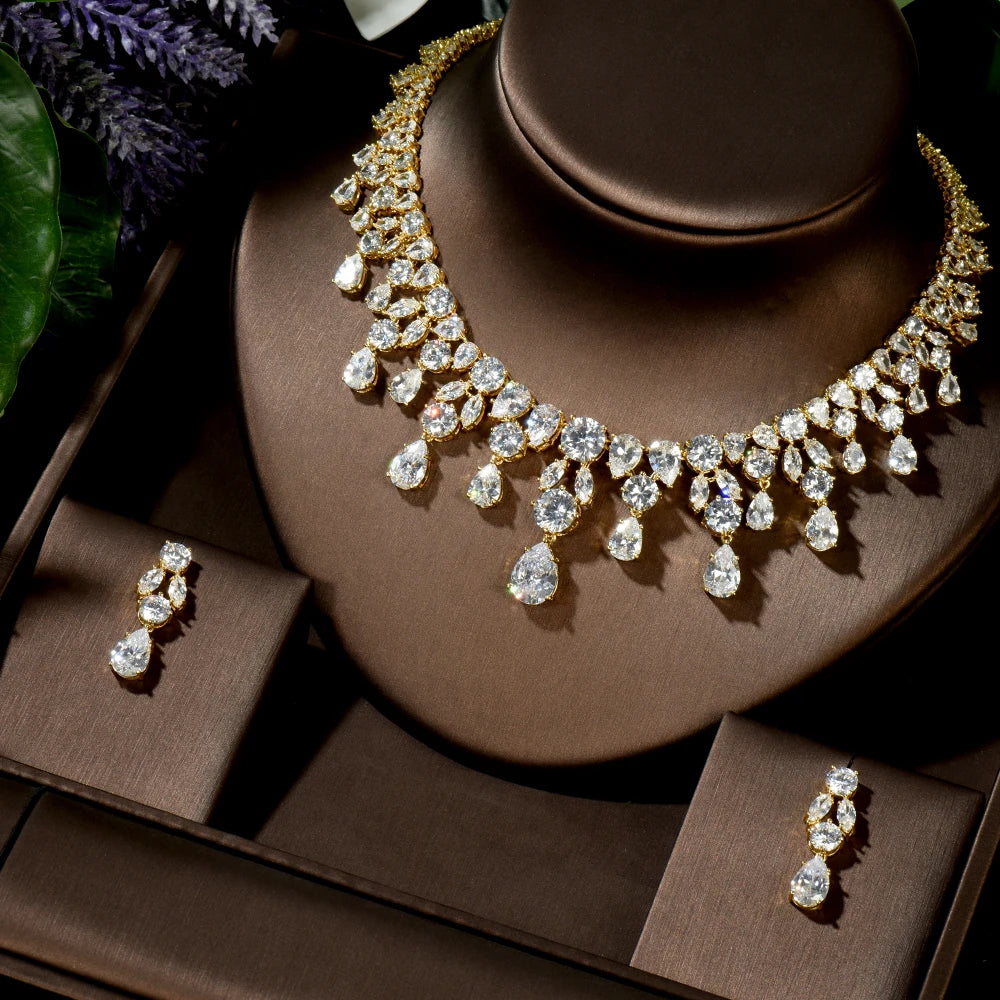 Luxury Wedding Jewelry Nigerian Design Cubic Zirconia Large Bridal Choker Necklace Earrings Sets For Women bijoux N-1454