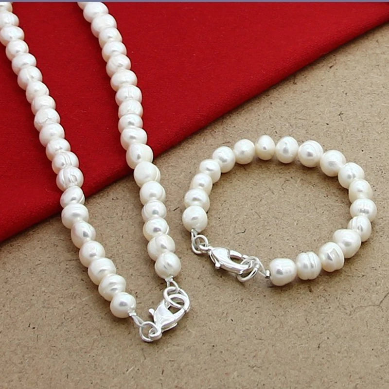 New 8mm Natural Pearl Beaded Chain 925 Silver Clasp Necklace Bracelet Set For Women'S Wedding Engagement Party Jewelry