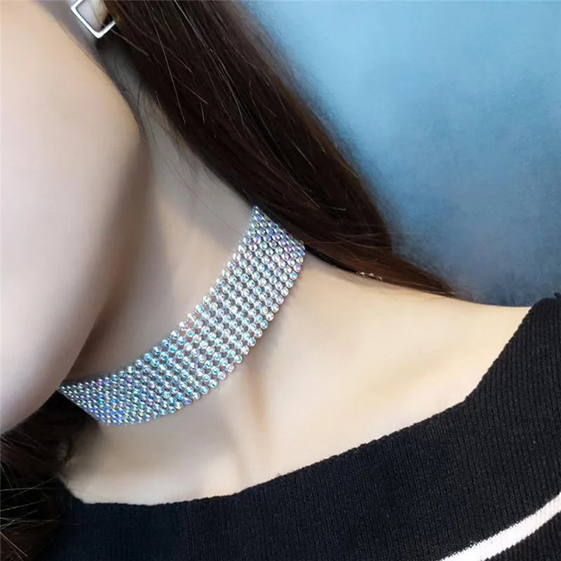 New Crystal Rhinestone Choker Necklace Women Wedding Accessories Silver Color Chain Punk Gothic Chokers Jewelry Collier Femme