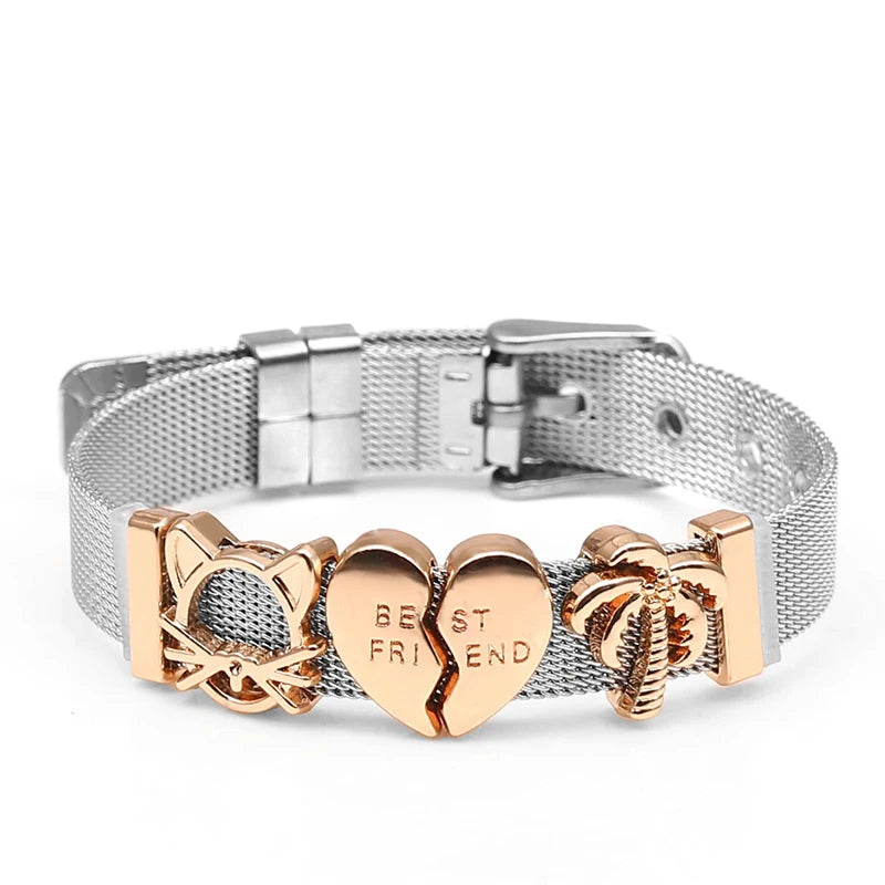 Silver Color Stainless Steel Mesh Watch Belt Bracelets For Women Men Couple Rose Gold Plated Lover Heart Charm Bracelet Bangle