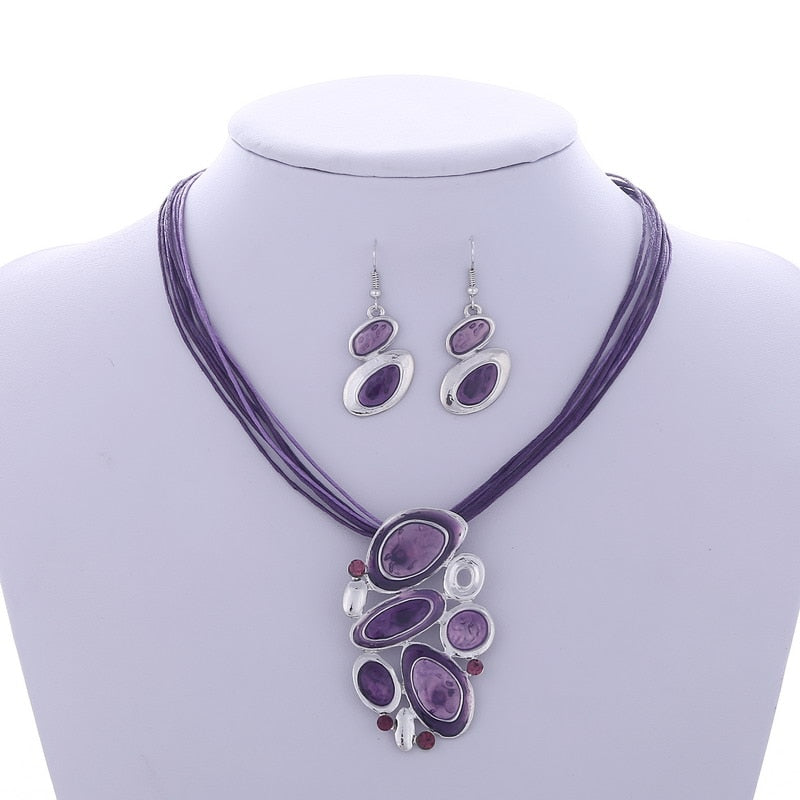 Multilayer Leather Pendant Necklace and Earrings