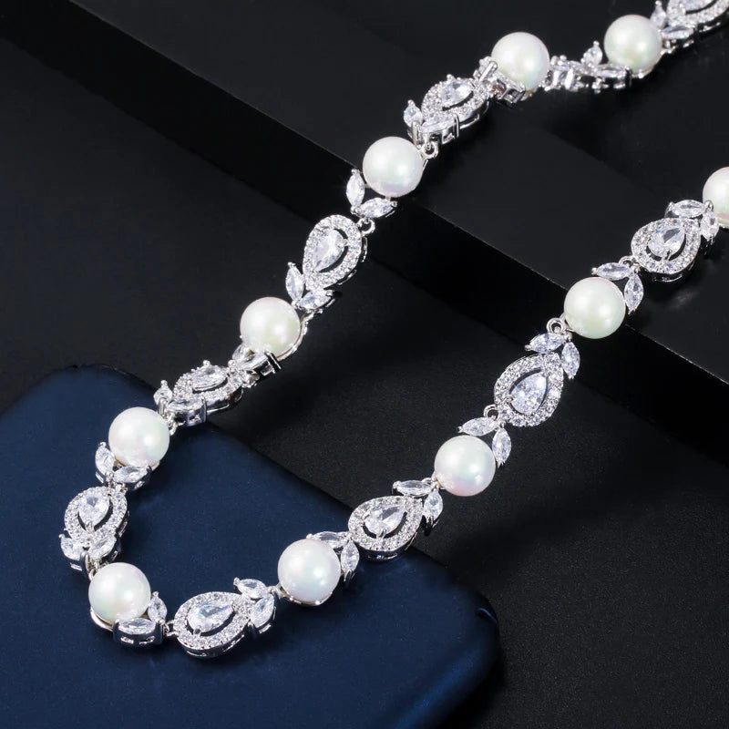 Luxury Big Round Leaf Cubic Zircon Necklace Bridal Pearl Jewelry Sets Women Wedding Party Costume Jewellery T363