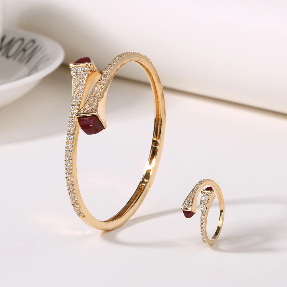2025 New Romatic Women Fashion 2 Pcs Bracelet & Ring Set Candy color stone Simple Design Gold Open Cuff Bangle Ring Jewelry Set