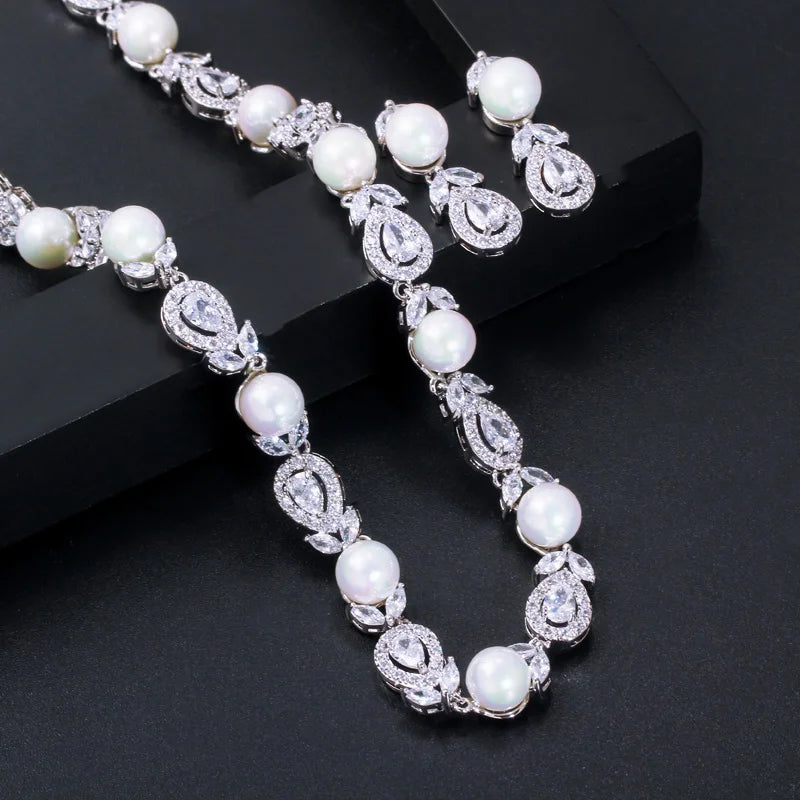 Luxury Big Round Leaf Cubic Zircon Necklace Bridal Pearl Jewelry Sets Women Wedding Party Costume Jewellery T363