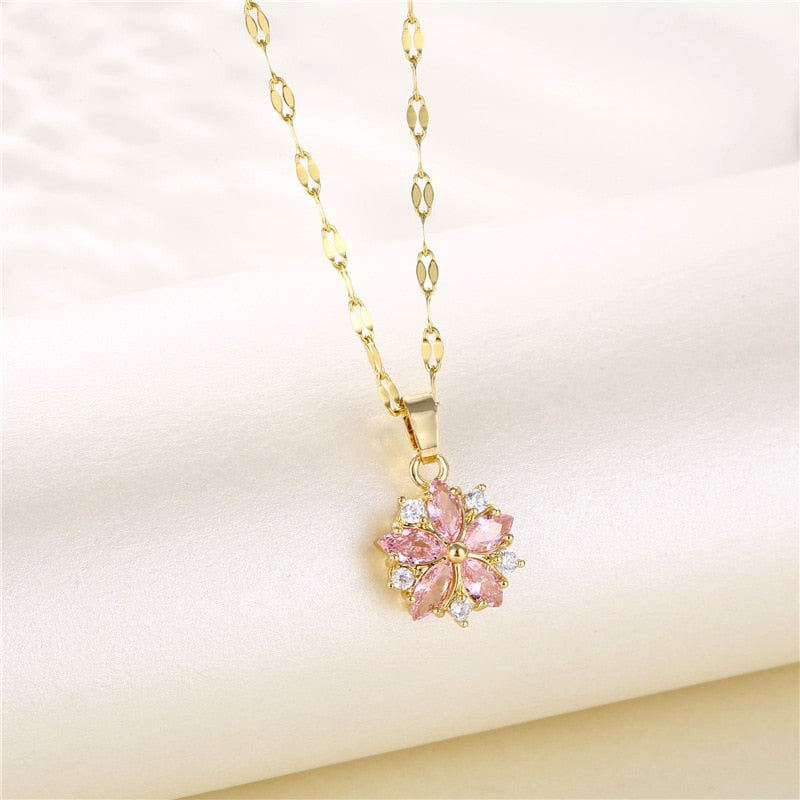 Pink Crystal Sakura Pendant Necklace