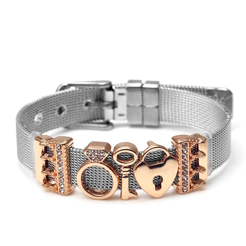 Silver Color Stainless Steel Mesh Watch Belt Bracelets For Women Men Couple Rose Gold Plated Lover Heart Charm Bracelet Bangle