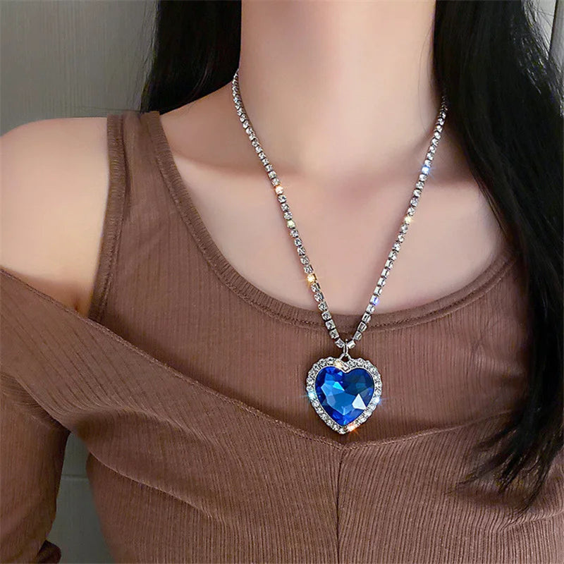 Big Blue Heart Crystal Necklaces for Women Long Chain Pendant Necklaces Statement Jewelry