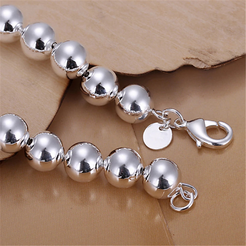 925 Sterling Silver 10mm Hollow Bead Ball Earring Bracelet Necklace Set For Woman Wedding Engagement Charm Jewelry